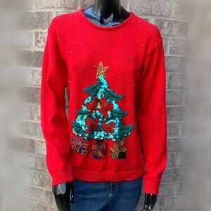 Lindsey Blake 1x1 Rib Stitch Knit Long Sleeve Christmas Tree Sweater Sz S